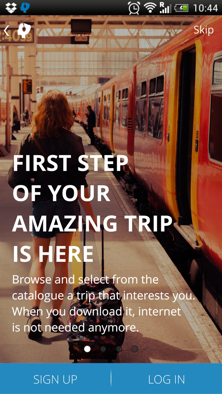 Audiotrip app — onboarding screen: “First step of your amazing trip is here.”