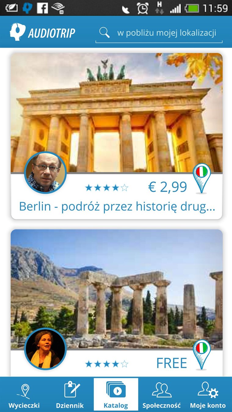 Audiotrip app — the trip catalogue, browsing audio guides with ratings and prices.