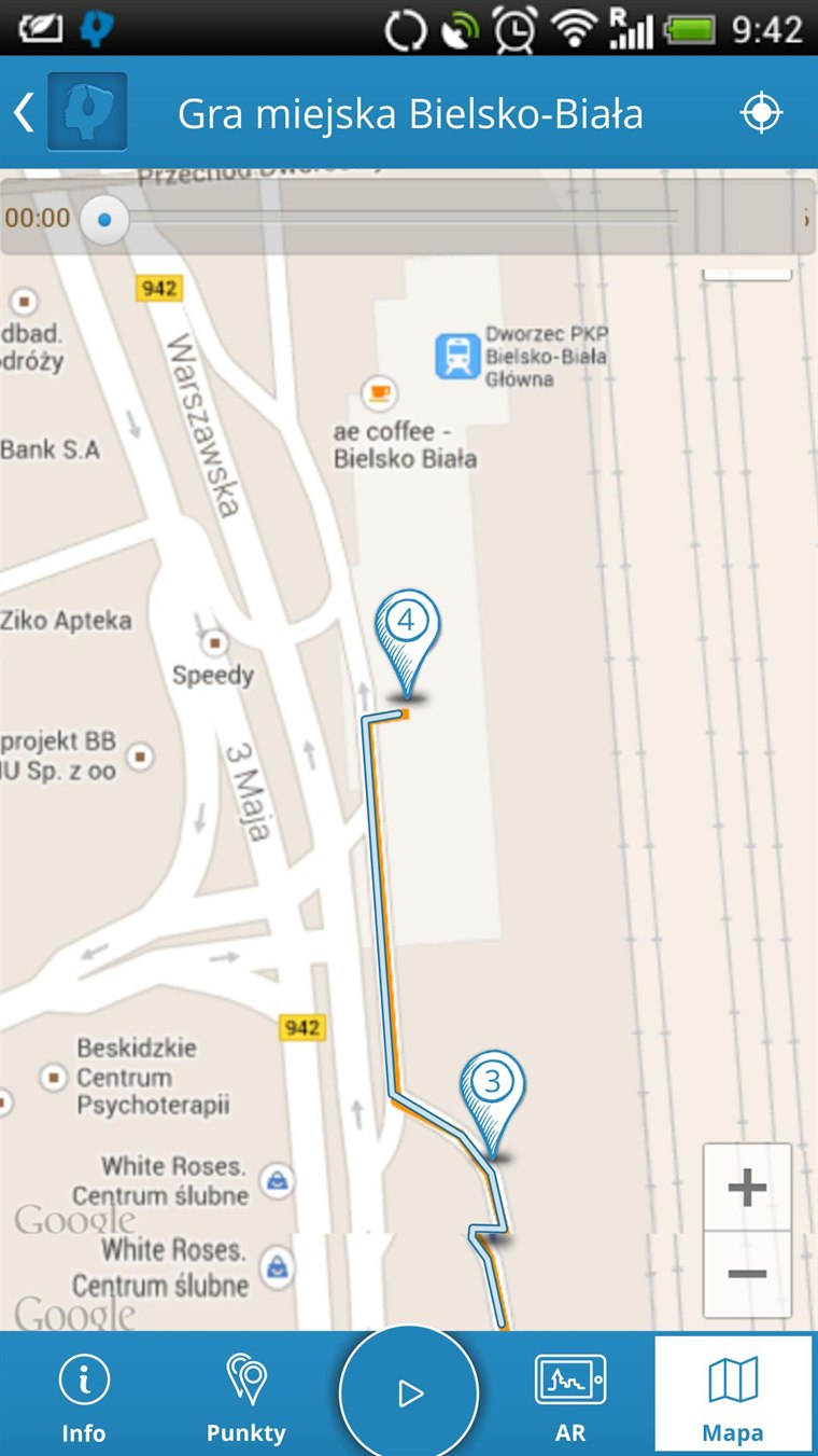 Audiotrip app — a live audio-trip map following the route’s numbered points.