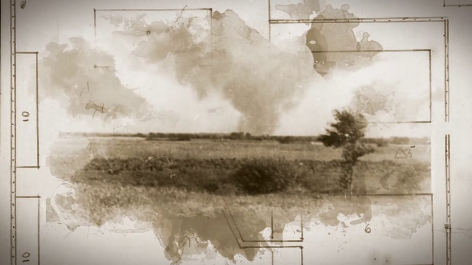 Video thumbnail — a sepia, watercolour-edged photograph of an open field with a single tree, over faint archival drawings.