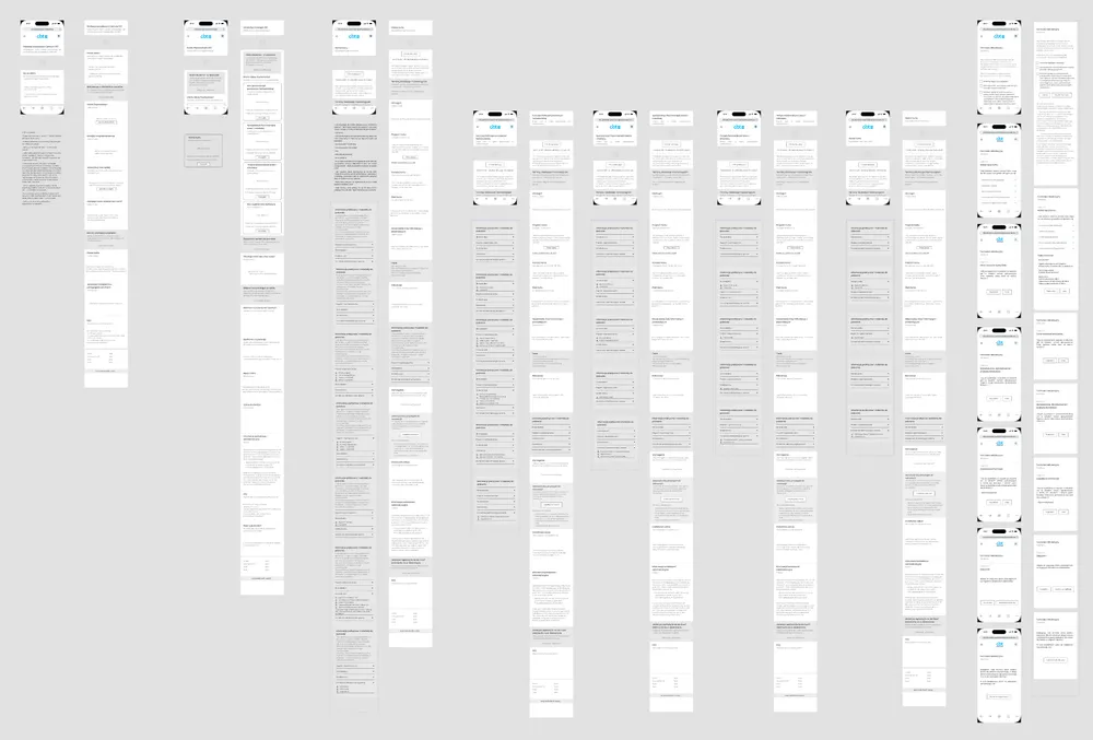 A canvas of low-fidelity wireframes — the mobile-first flows laid out before any hi-fi or desktop design.