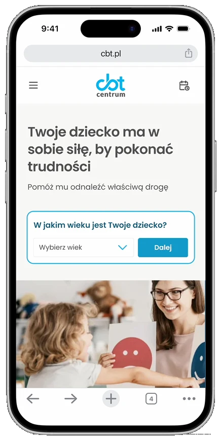 Centrum CBT — a branch landing page on mobile: “Your child has the strength to overcome difficulties”, with an age selector that routes the visitor onward.