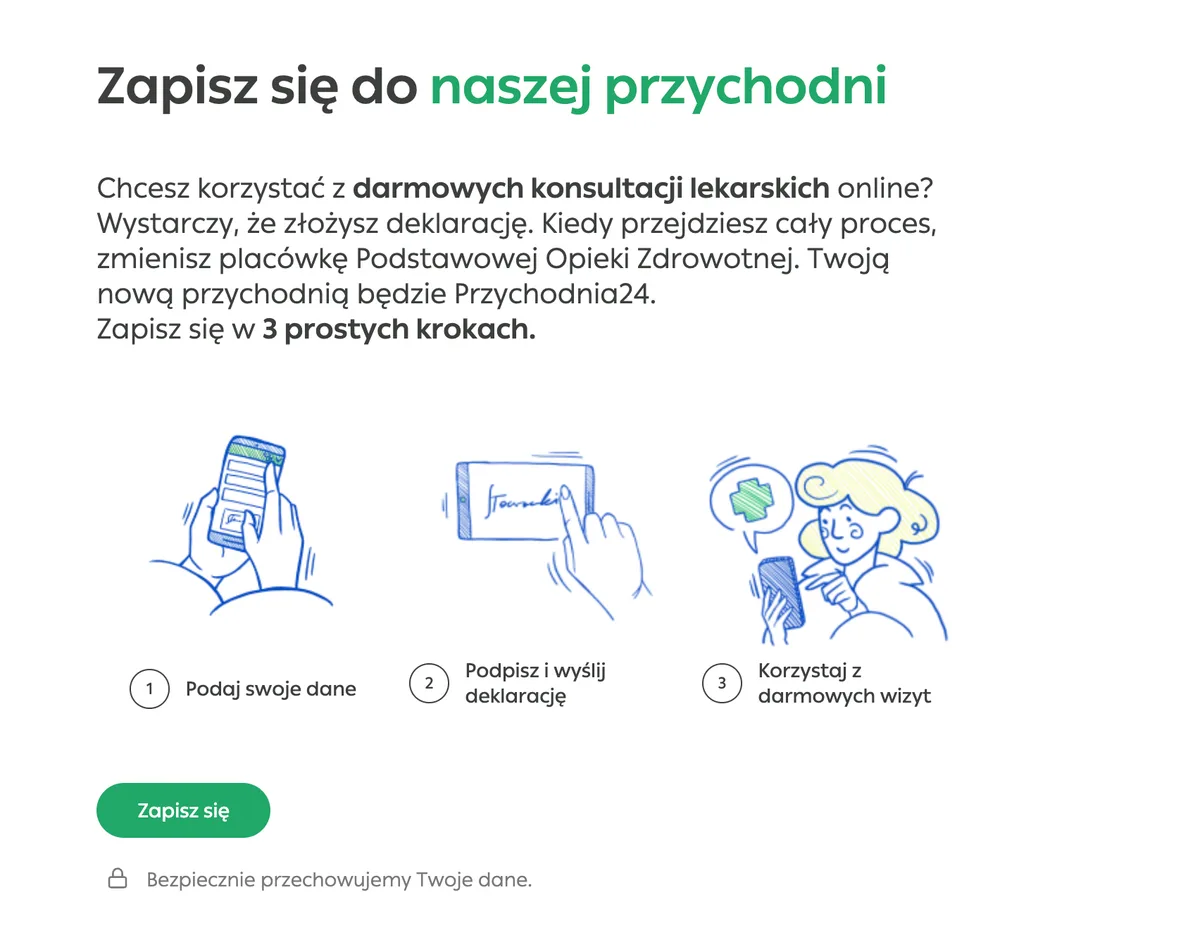 Telemedi's NFZ info landing page — 'Zapisz się do naszej przychodni': friendly hand-drawn illustrations introduce the three-step sign-up for free public primary care.