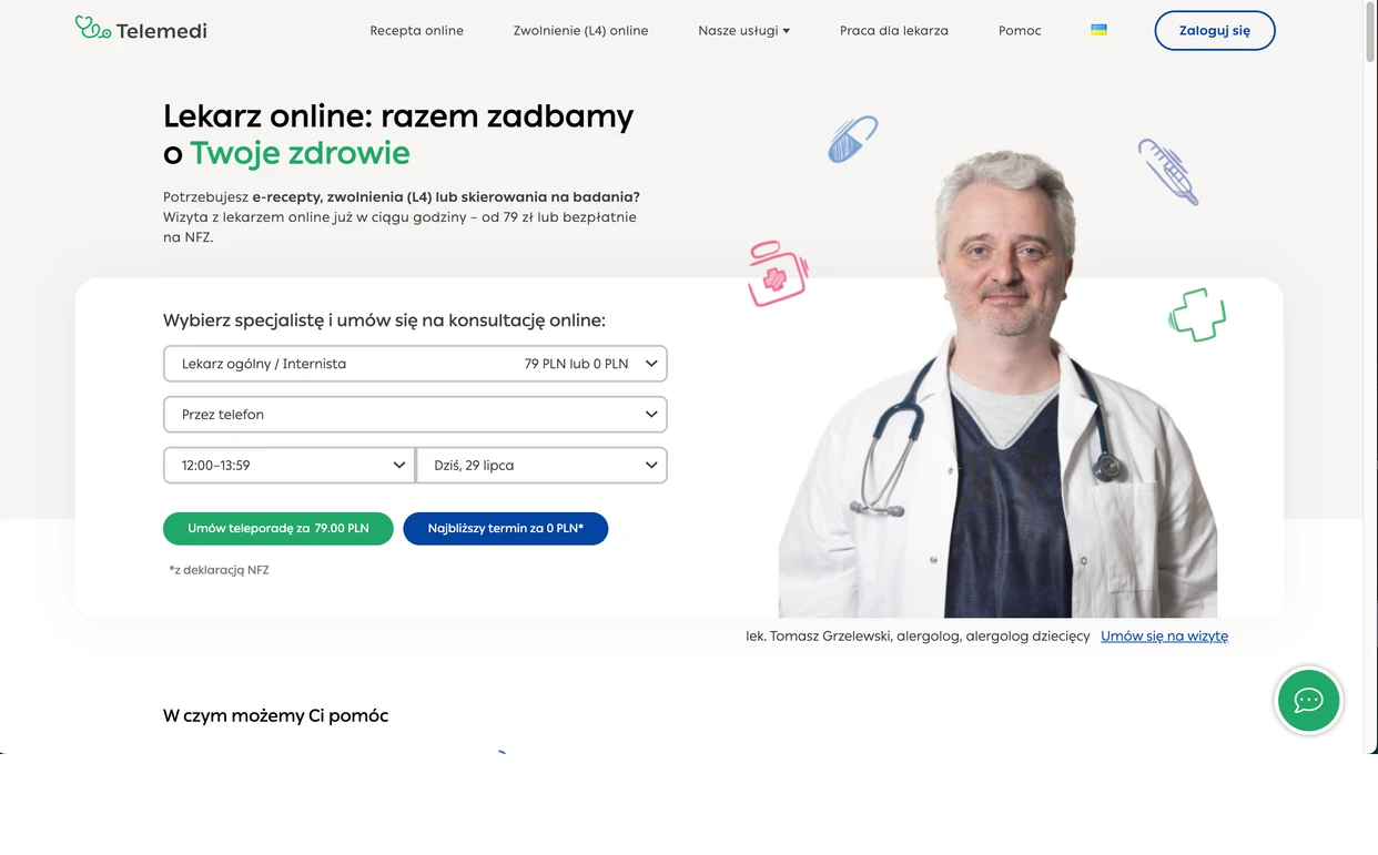 Telemedi's own consumer homepage — 'Lekarz online: razem zadbamy o Twoje zdrowie' — its independent brand before the white-label bridge